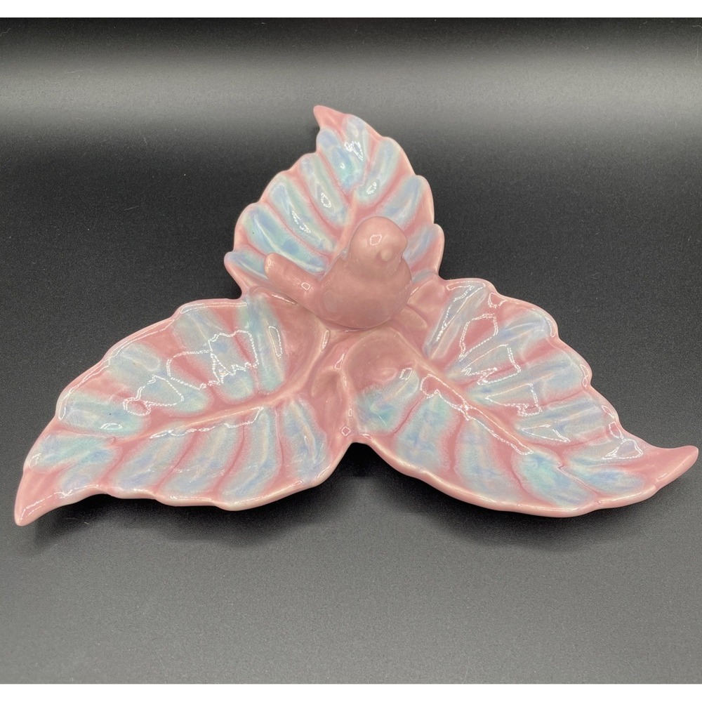 Vintage 1950's Royal Copley 3 Leaf Trinket Dish Pink Blue With Bird Incised USA